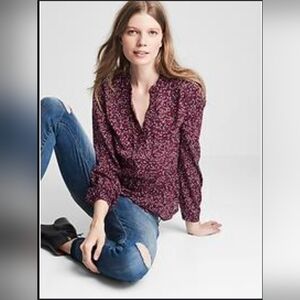 GAP Blouse XS Purple Abstract Floral Print Peplum Split Neck Top Boho Y2K